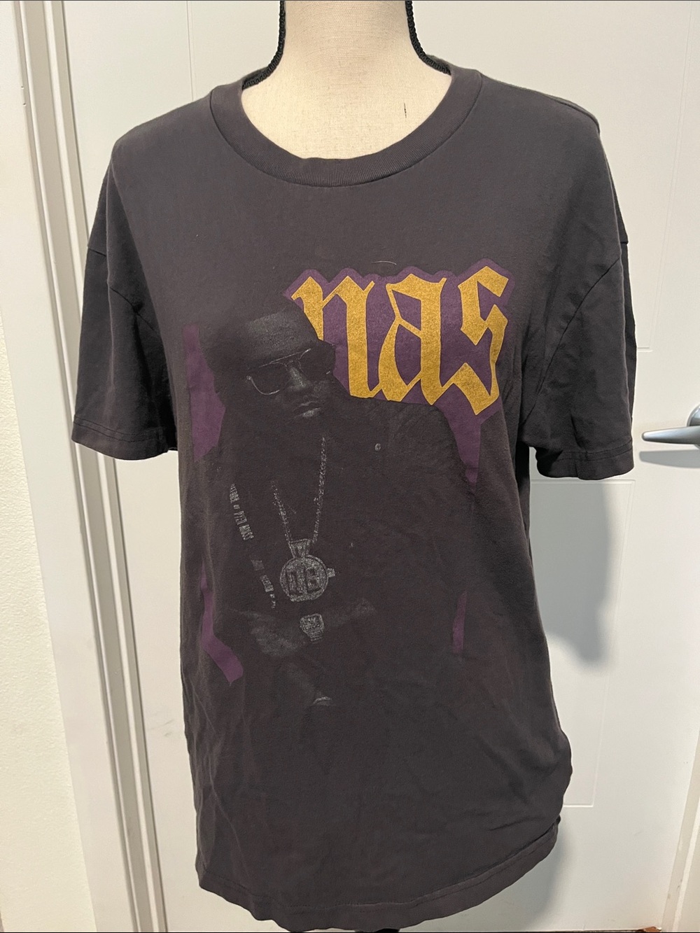 Nas Hip Hop Music Distressed Black Gray Graphic Short Sleeve T-Shirt Concert